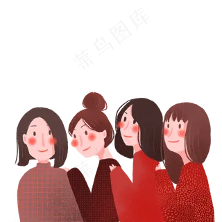 手绘可爱4位闺蜜女孩,免抠元素