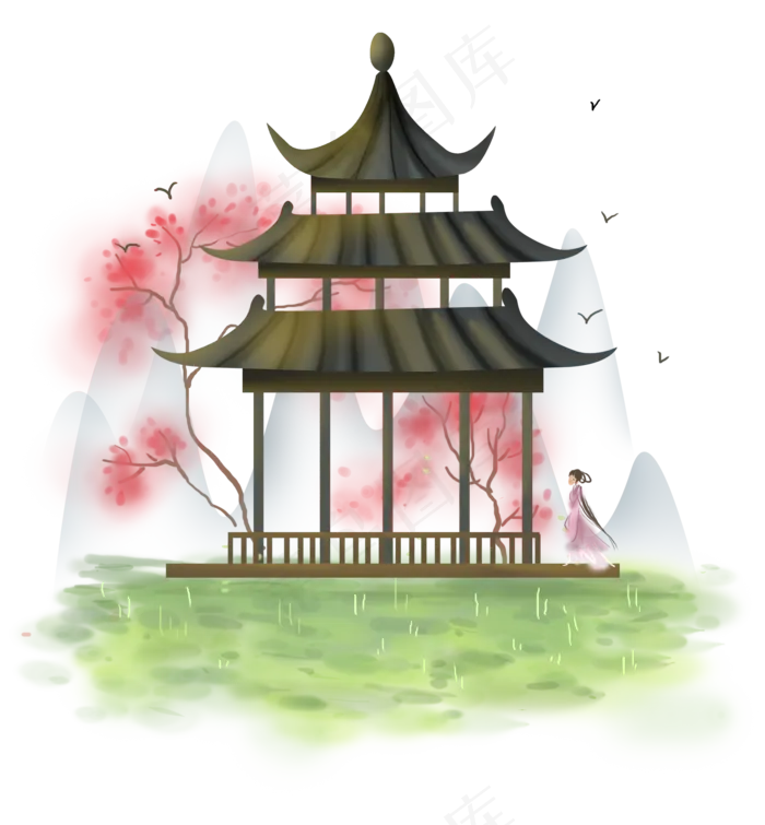 中国风桃树亭子,免抠元素(2000*2158px 300 dpi )psd模版下载