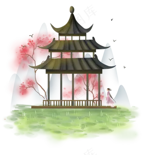 中国风桃树亭子,免抠元素 中国风桃树亭子,免抠元素