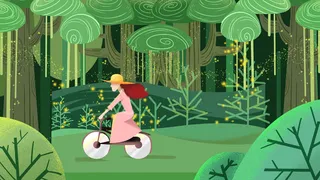 绿色系卡通手绘风夏景自行车女孩配图