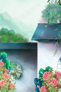 中国风花卉古风庭院国风复古风景建筑 中国风花卉古风庭院国风复古风景建筑