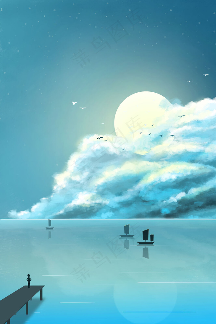 月景星空湖面手绘清新(3545*5315px 300 dpi )psd模版下载