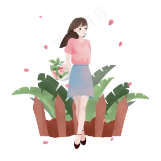 手绘拿花的女孩PNG素材,免抠元素