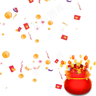 红包金币彩带钱袋子元素,免抠元素