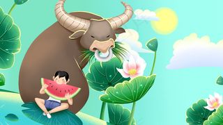 蓝色系卡通手绘风大暑夏景配图