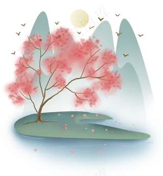 春天中国风桃花树和山峰,免抠元素