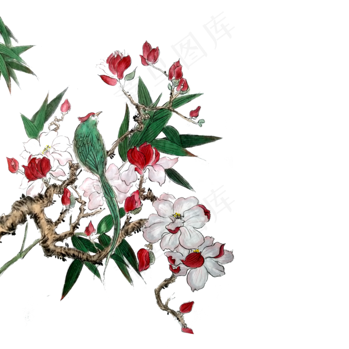 花鸟水墨国画白花花枝春天PNG,免抠元素(4000X4000(DPI:300))psd模版下载