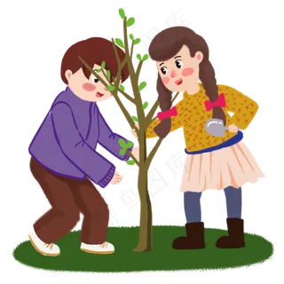 植树节情侣一起快乐种树手绘人物