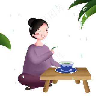 谷雨喝茶的小女孩