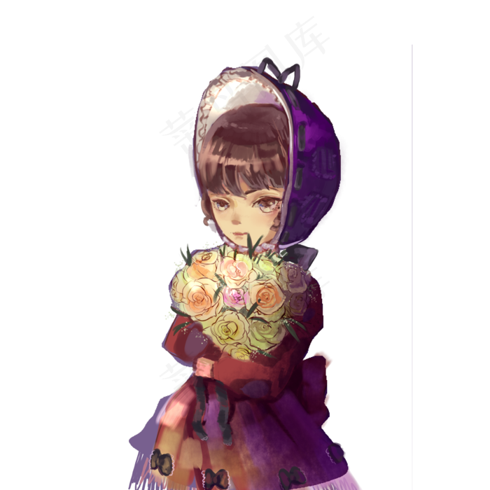 拿花的女孩捧花植物粉色玫瑰紫色