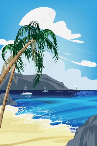 夏天海边沙滩椰树风光