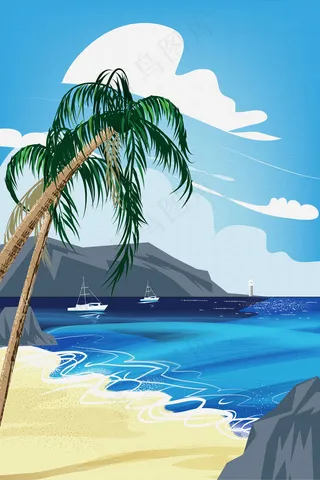 夏天海边沙滩椰树风光