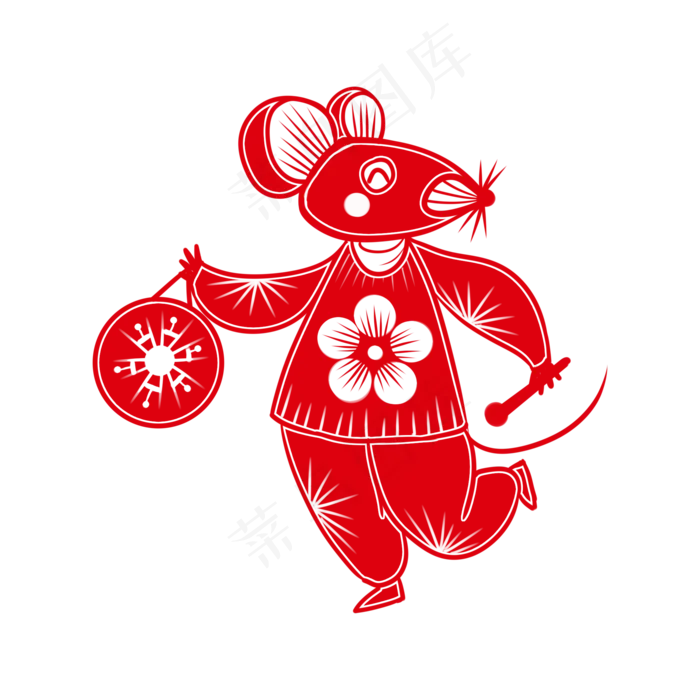 老鼠敲铜锣鼠年剪纸风,免抠元素(2000X2000(DPI:300))psd模版下载
