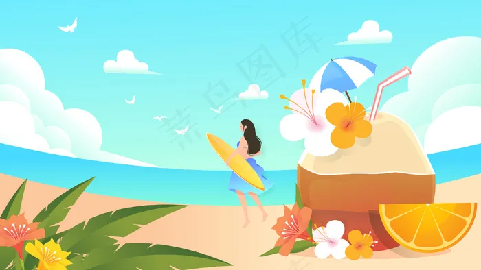 初夏旅游度假美女椰子风景横幅公众号配图