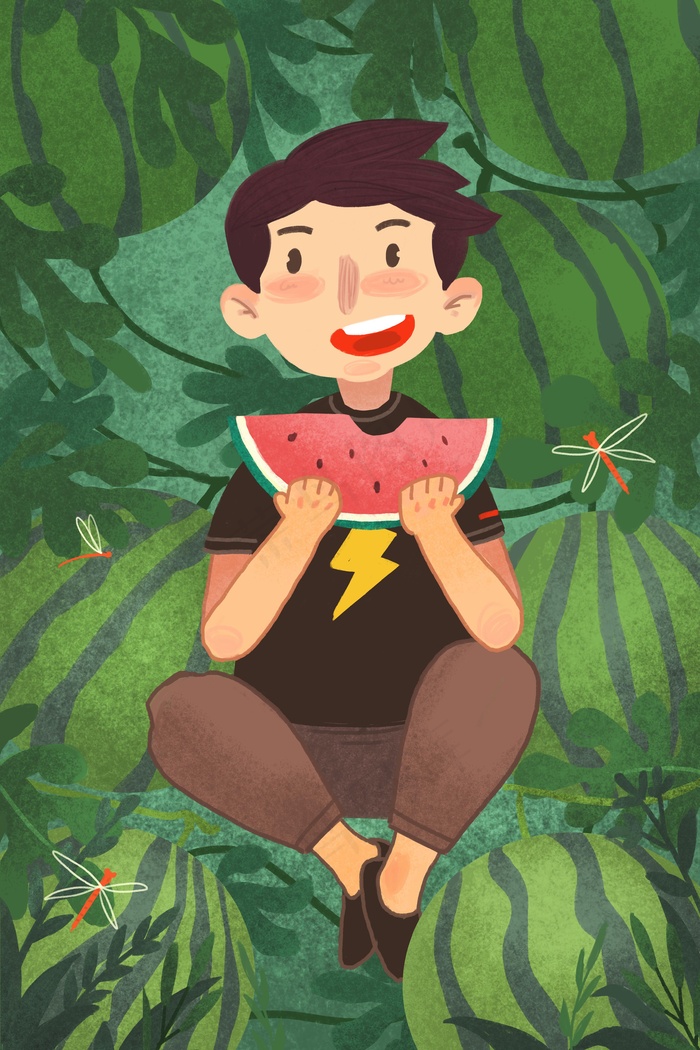 在西瓜地里吃西瓜的小男孩(3545X5315(DPI:300))psd模版下载