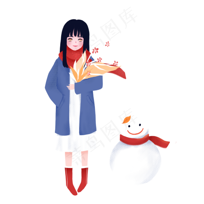 手绘简约雪人女孩抱着花束元素(2000X2000(DPI:300))psd模版下载