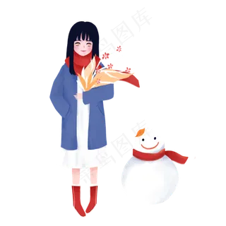 手绘简约雪人女孩抱着花束元素