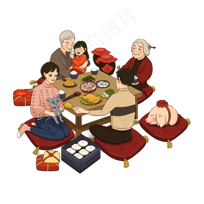 除夕2019春节团年饭合家欢精致可�,免抠元素(2000*2000px 300 dpi )psd模版下载