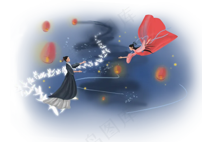 七夕情人节牛郎织女和喜鹊,免抠元素