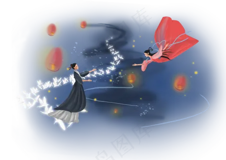 七夕情人节牛郎织女和喜鹊,免抠元素 七夕情人节牛郎织女和喜鹊,免抠元素