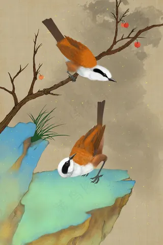 工笔花鸟小果子国风