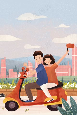 情侣国庆电动车骑行旅游温馨欢乐场景