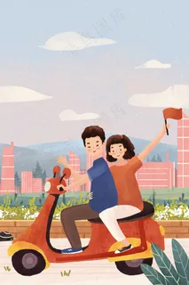 情侣国庆电动车骑行旅游温馨欢乐场景 情侣国庆电动车骑行旅游温馨欢乐场景
