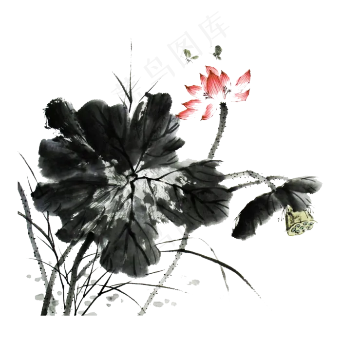 荷花水墨莲花莲蓬PNG工笔写意,免抠元素(2000*2000px 300 dpi )psd模版下载