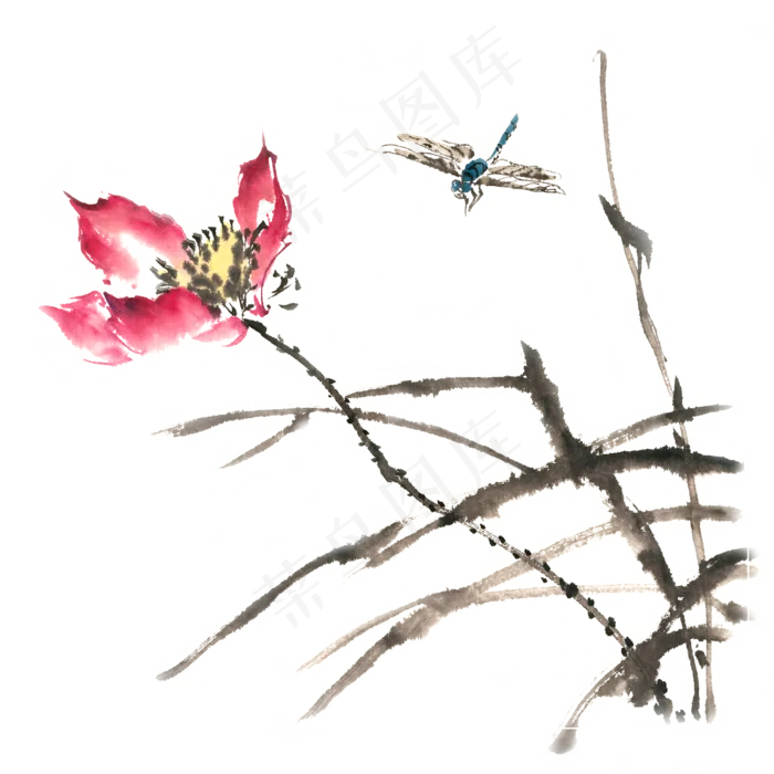 荷花蜻蜓水墨画PNG免抠素材(4724X4724(DPI:300))psd模版下载