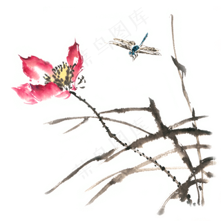 荷花蜻蜓水墨画PNG免抠素材