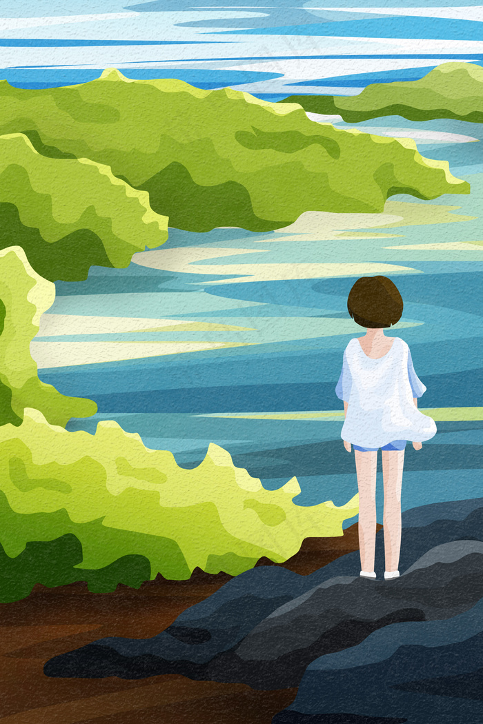 女孩在树木围绕着的湖泊边看风景(3545X5315(DPI:300))psd模版下载