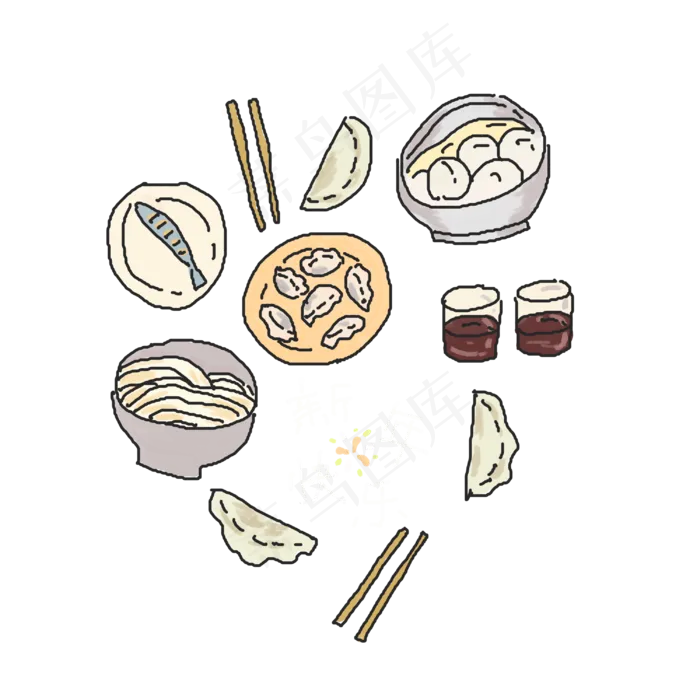 春节红色清新简笔画风格美食插图,免抠元素