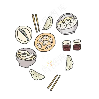 春节红色清新简笔画风格美食插图,免抠元素