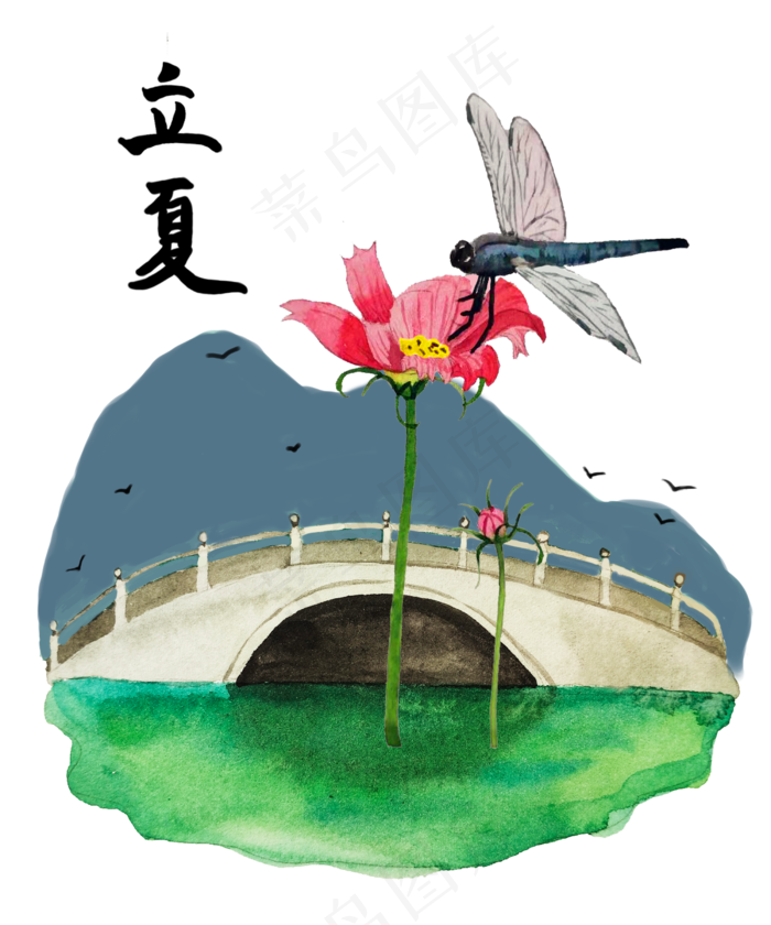 立夏节气农历装饰桥蜻蜓花PNG