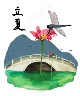 立夏节气农历装饰桥蜻蜓花PNG