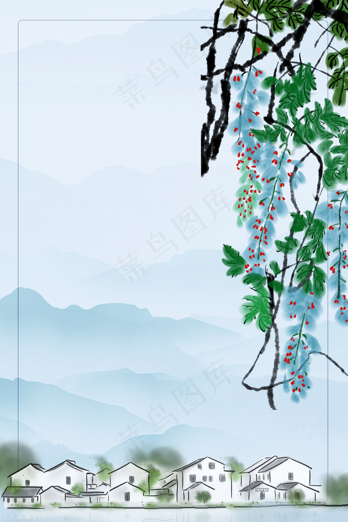 水墨葡萄藤边框远山背景电商淘宝背景Ｈ5背