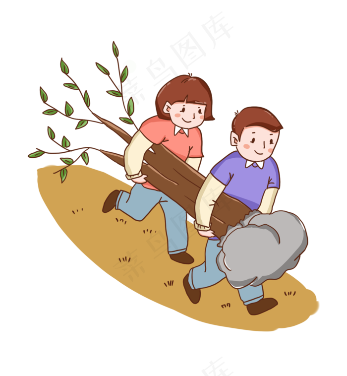 卡通手绘男孩和女孩辛勤植树