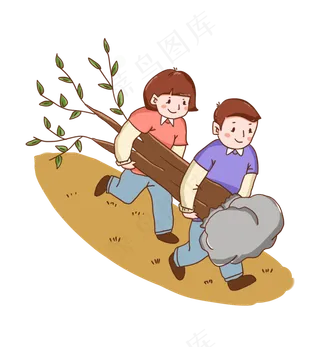 卡通手绘男孩和女孩辛勤植树