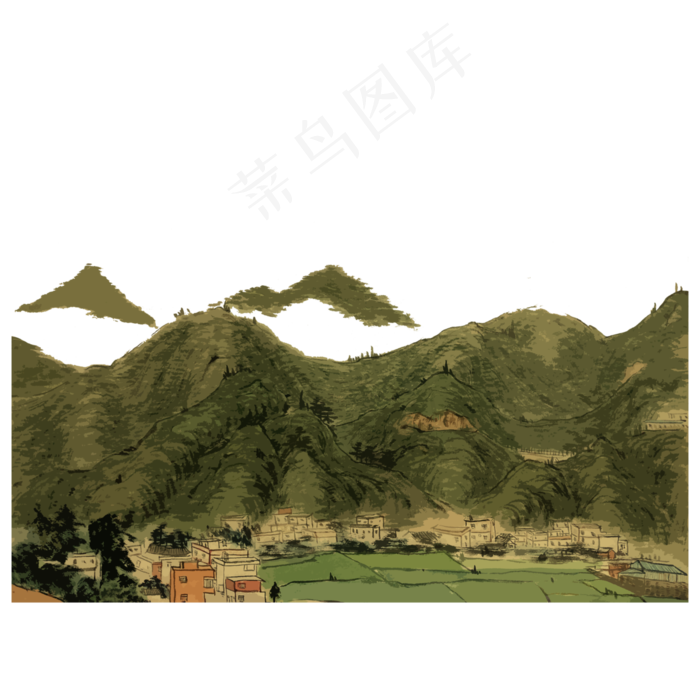 水墨山水国画PNG春天原野村庄盆地,免抠元素(4000X4000(DPI:300))psd模版下载