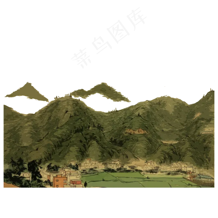 水墨山水国画PNG春天原野村庄盆地,免抠元素