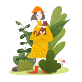 二十四节气立春植物少女猫咪PNG,免抠元素