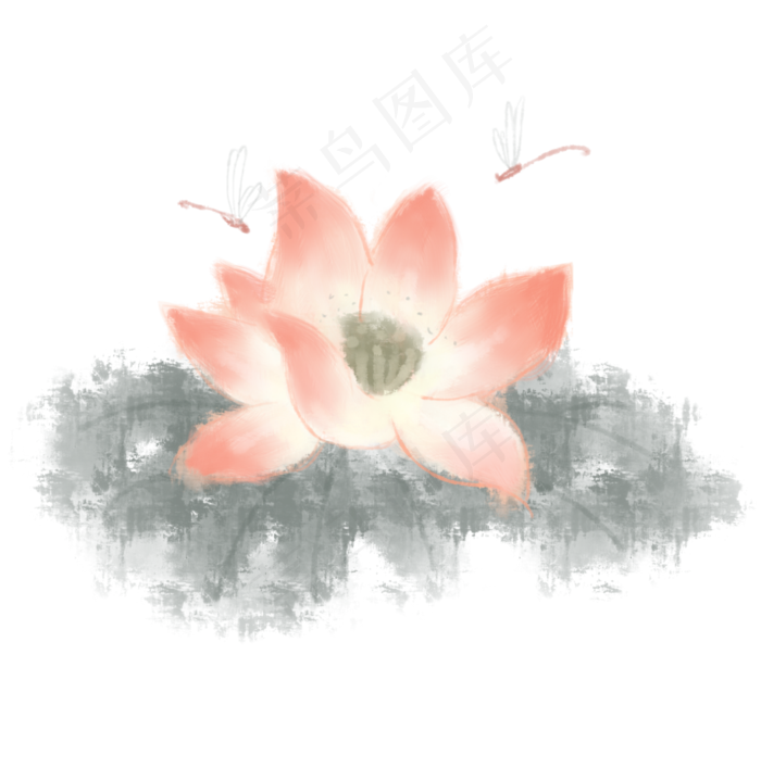 蜻蜓荷花淡彩水墨(3507X3543(DPI:300))psd模版下载