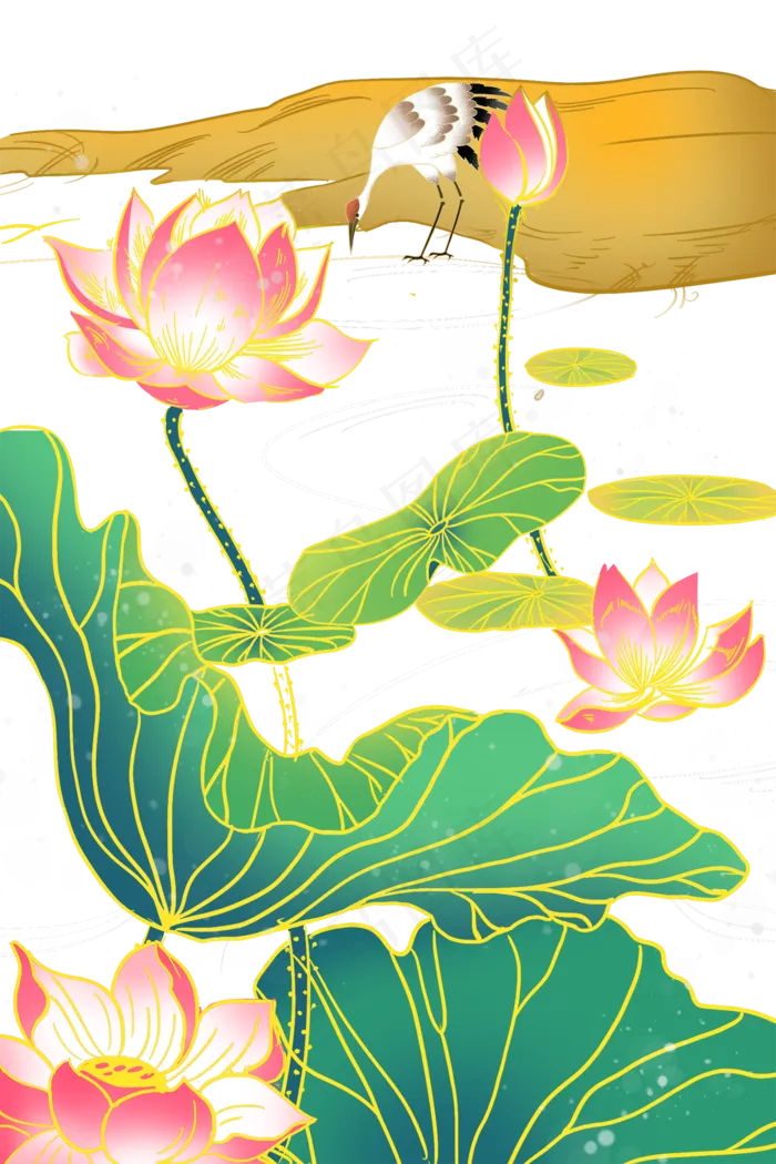 夏天荷花池荷叶池塘清平乐工笔画(3545X5315(DPI:300))psd模版下载