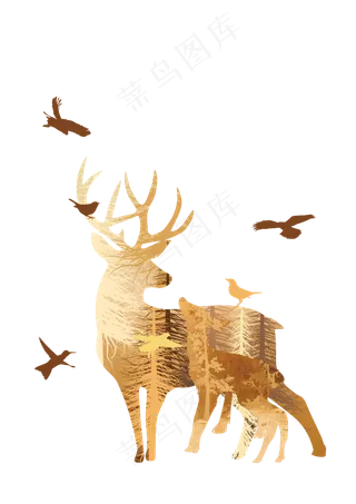 鹿小鸟秋天多重曝光,免抠元素