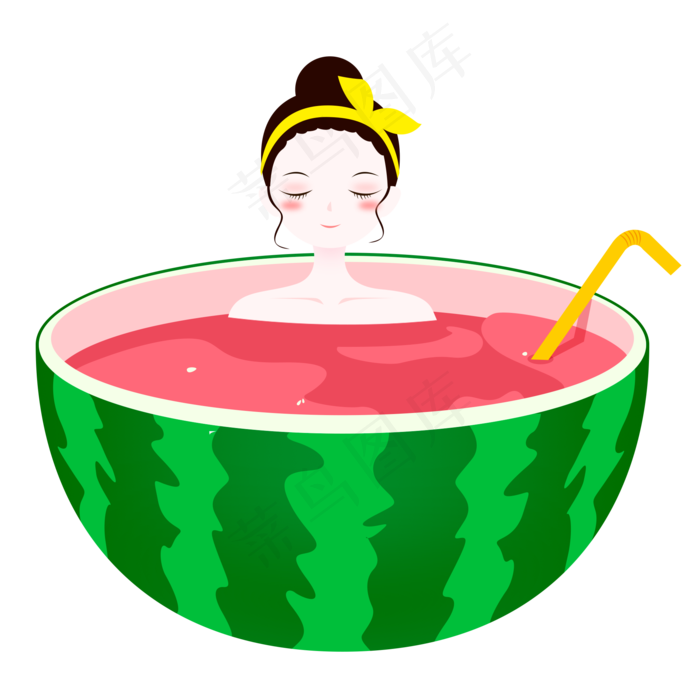 创意泡西瓜浴的小女孩psd元素