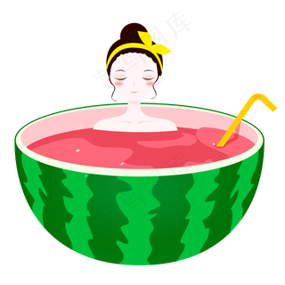 创意泡西瓜浴的小女孩psd元素