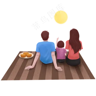 中秋节赏月的一家人,免抠元素