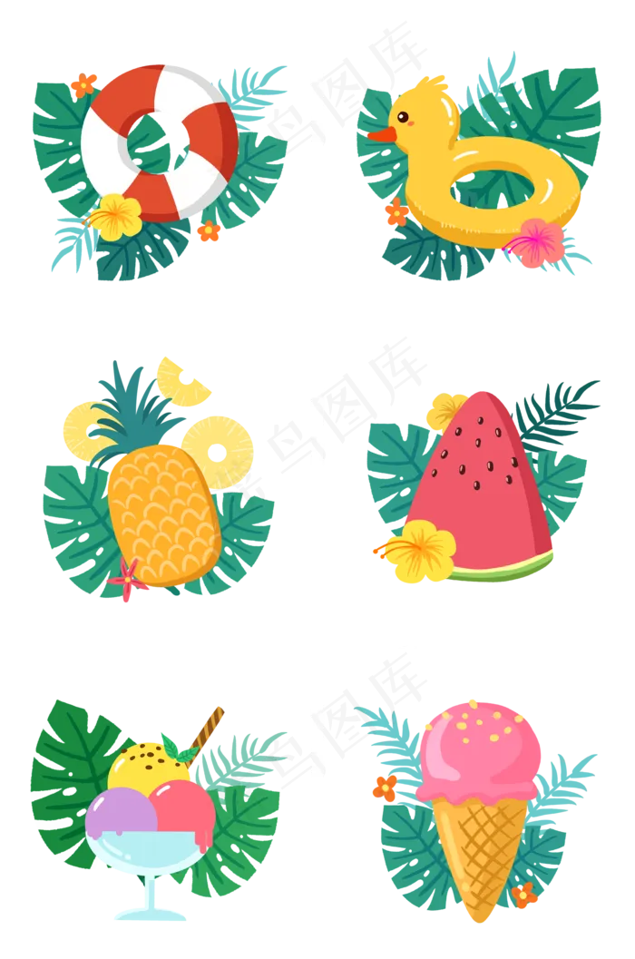 夏季各种水果和救生圈组图(2000X3020(DPI:300))psd模版下载