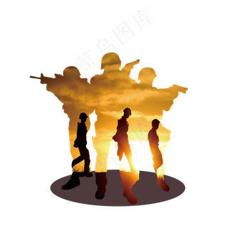建军节手绘军人三人剪影,免抠元素