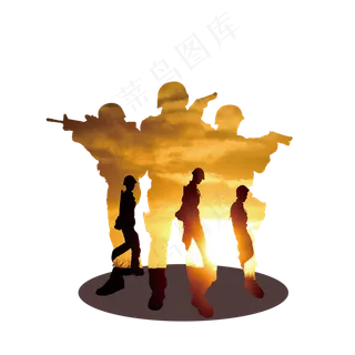 建军节手绘军人三人剪影,免抠元素